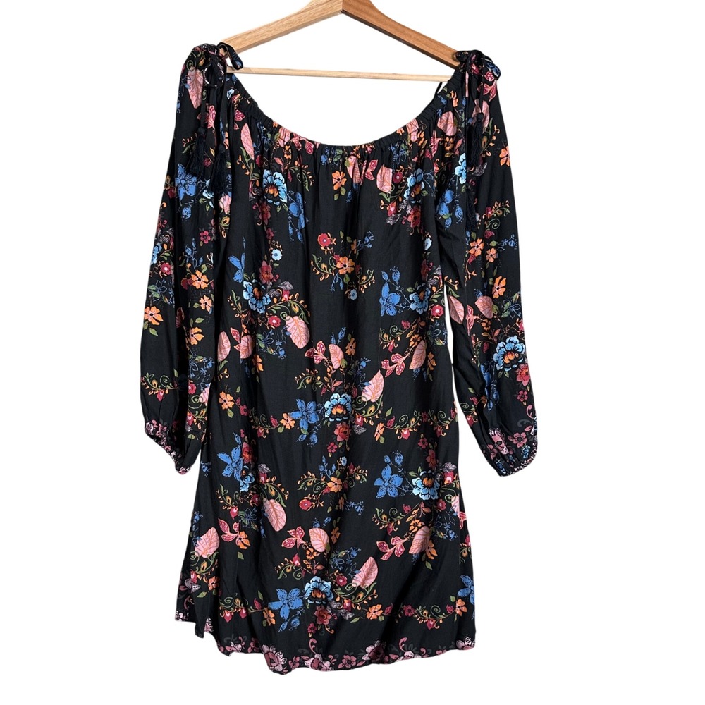 Miss Me Floral Off Shoulder Tassel Tie Mini Dress Black boho western summer